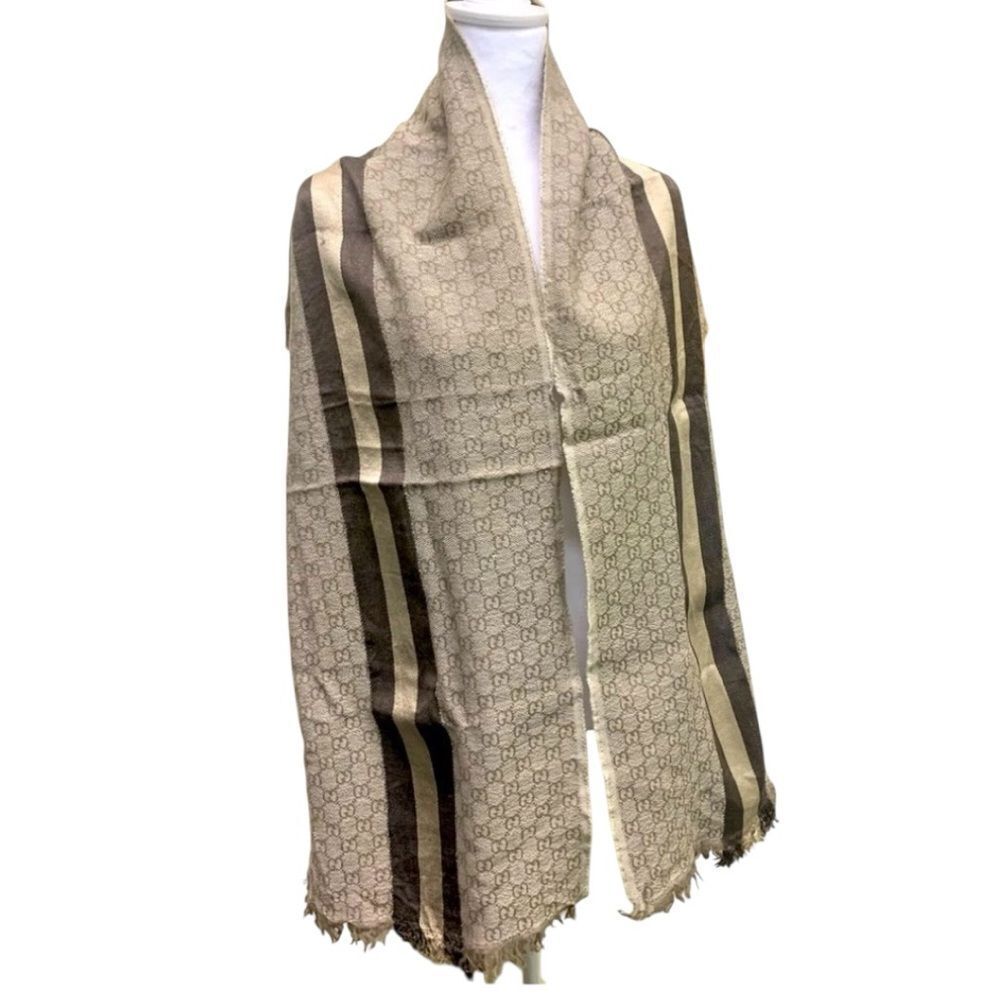 Authentic Gucci Brown Gray GG Web Monogram Scarf Wool Silk Wrap Shawl Preloved